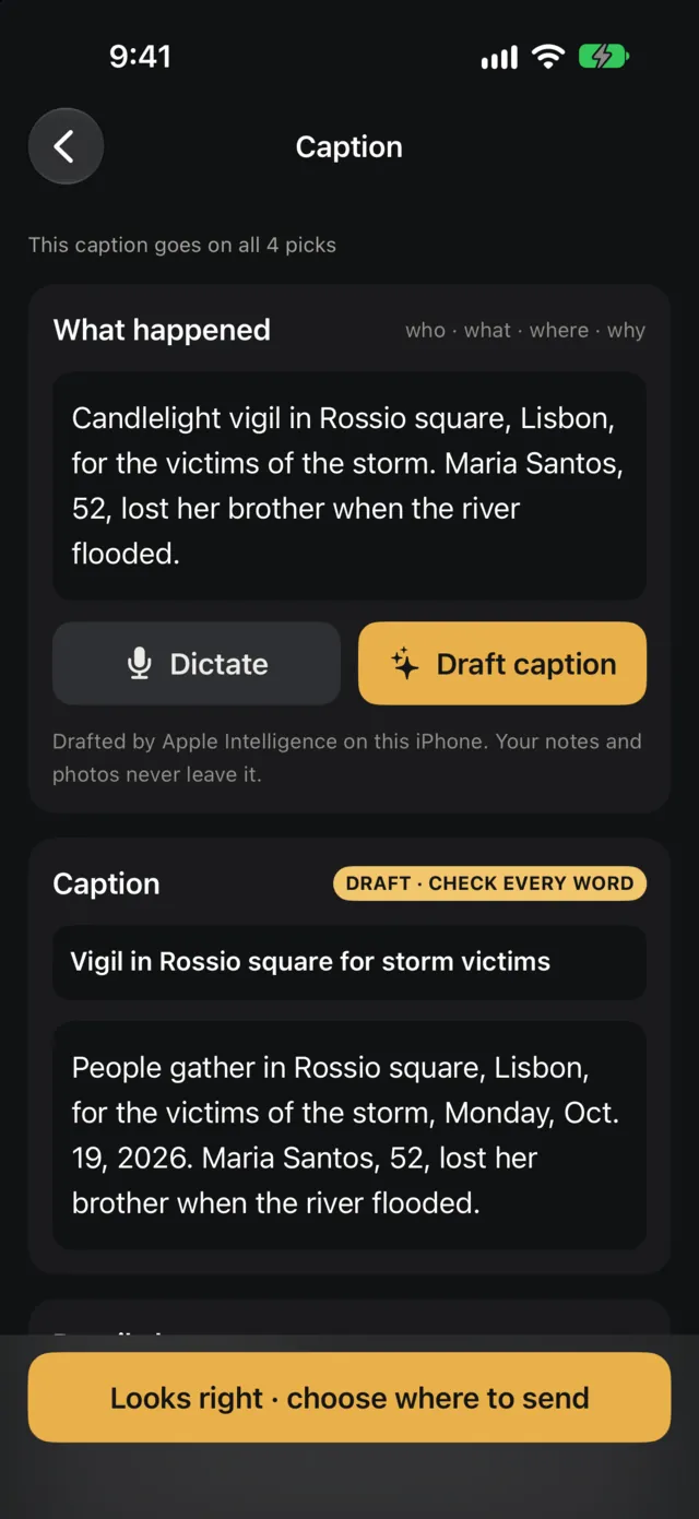 The Caption screen: notes about the candlelight vigil in Lisbon, and the headline and caption Apple Intelligence drafted from them, marked Draft, check every word.