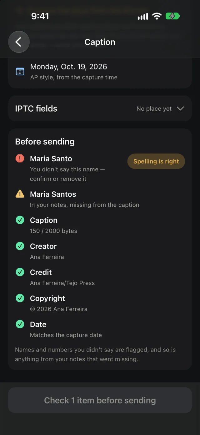 Before sending: Maria Santo flagged with You didn't say this name, confirm or remove it; Maria Santos in your notes, missing from the caption; the send button reads Check 1 item before sending.