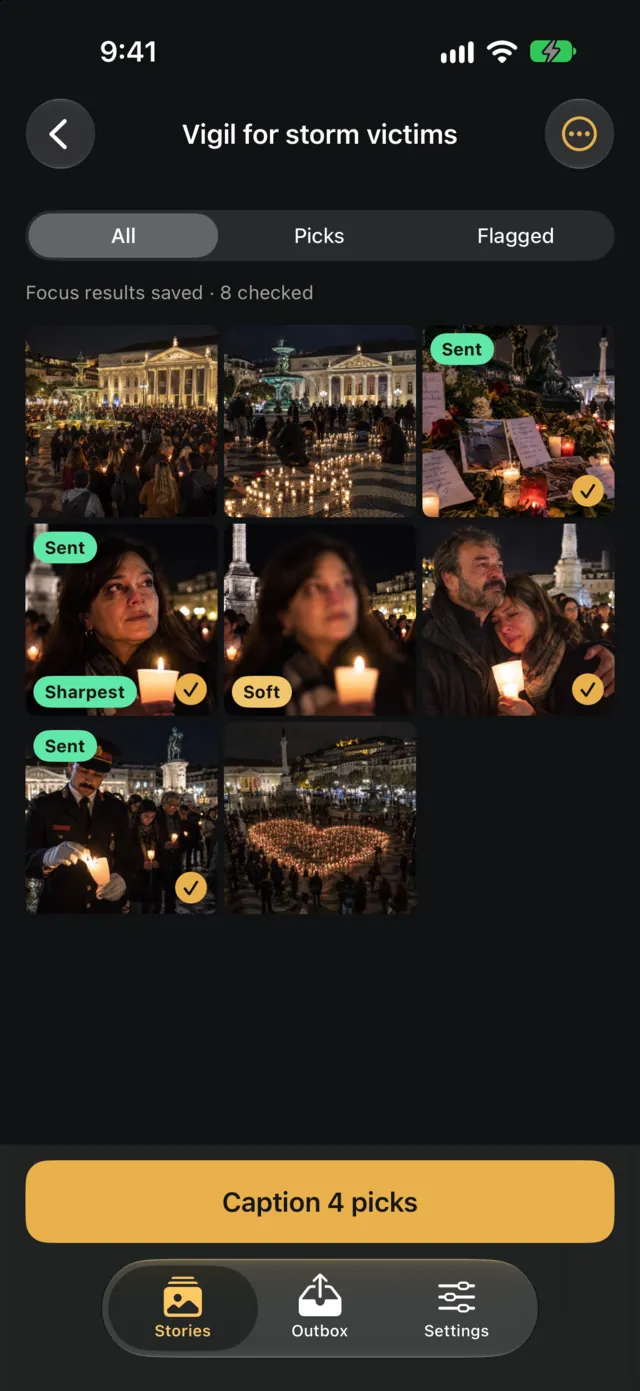 Pickwire's contact sheet for a candlelight vigil: four picks ticked, three marked Sent, and the focus check's Sharpest and Soft on two frames of a burst. Grease-pencil notes point out the focus check, the sharpest frame of a burst, a soft frame, and the button that captions the picks.