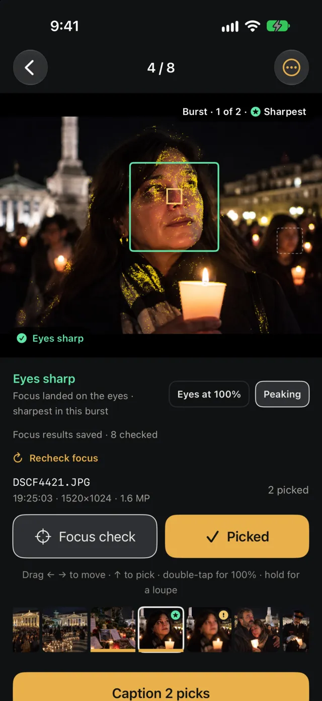 Culling with the focus check on: a face box on the woman holding a candle, focus peaking on her eyes, and the verdict Eyes sharp, sharpest in this burst.