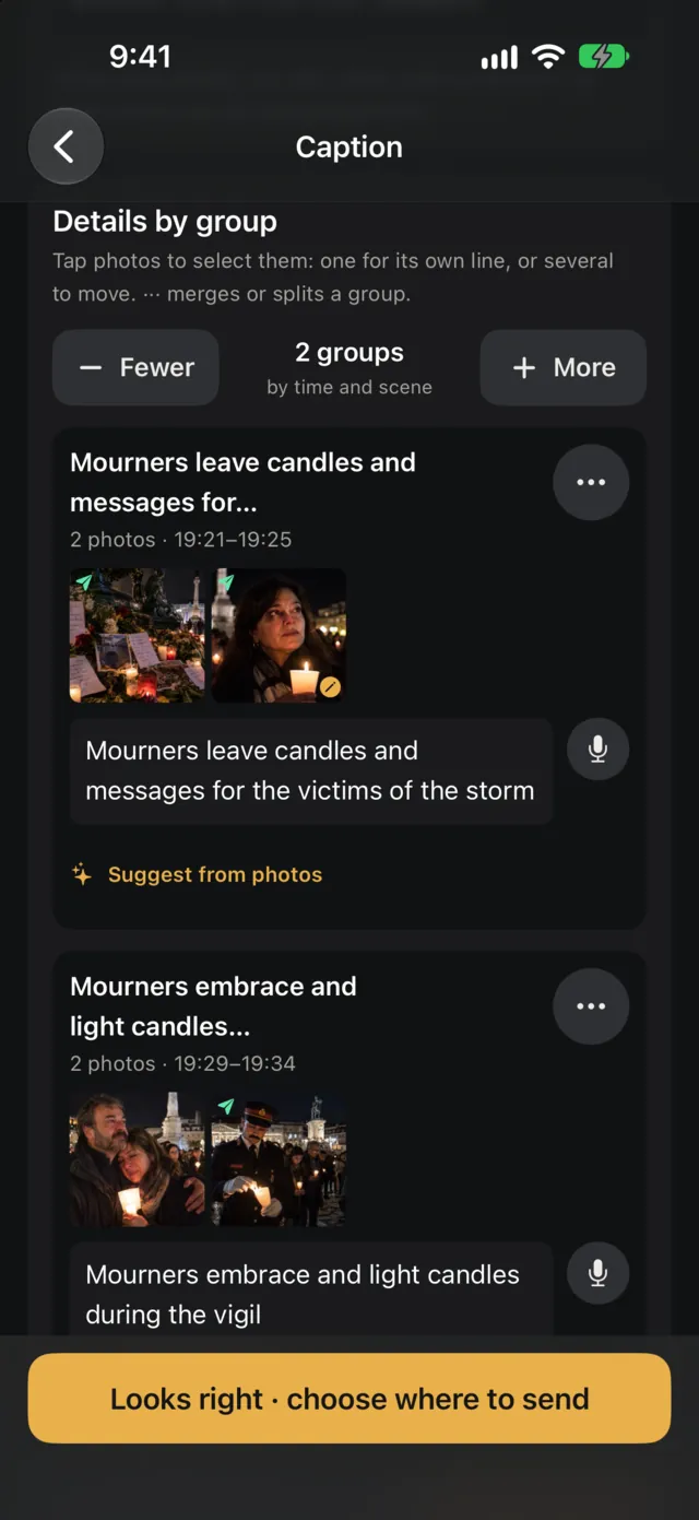 Details by group: two groups by time and scene, each with its own first line about the mourners.