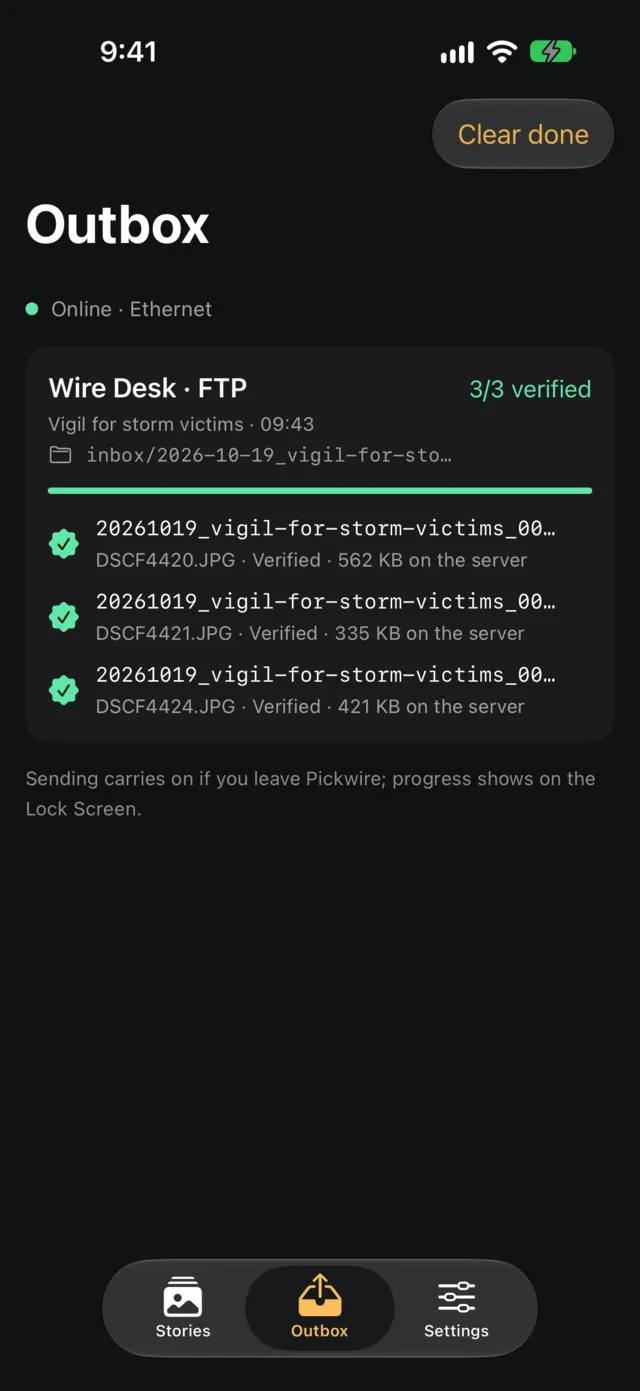 The Outbox: a job to Wire Desk over FTP, 3/3 verified, each file checked on the server by size.