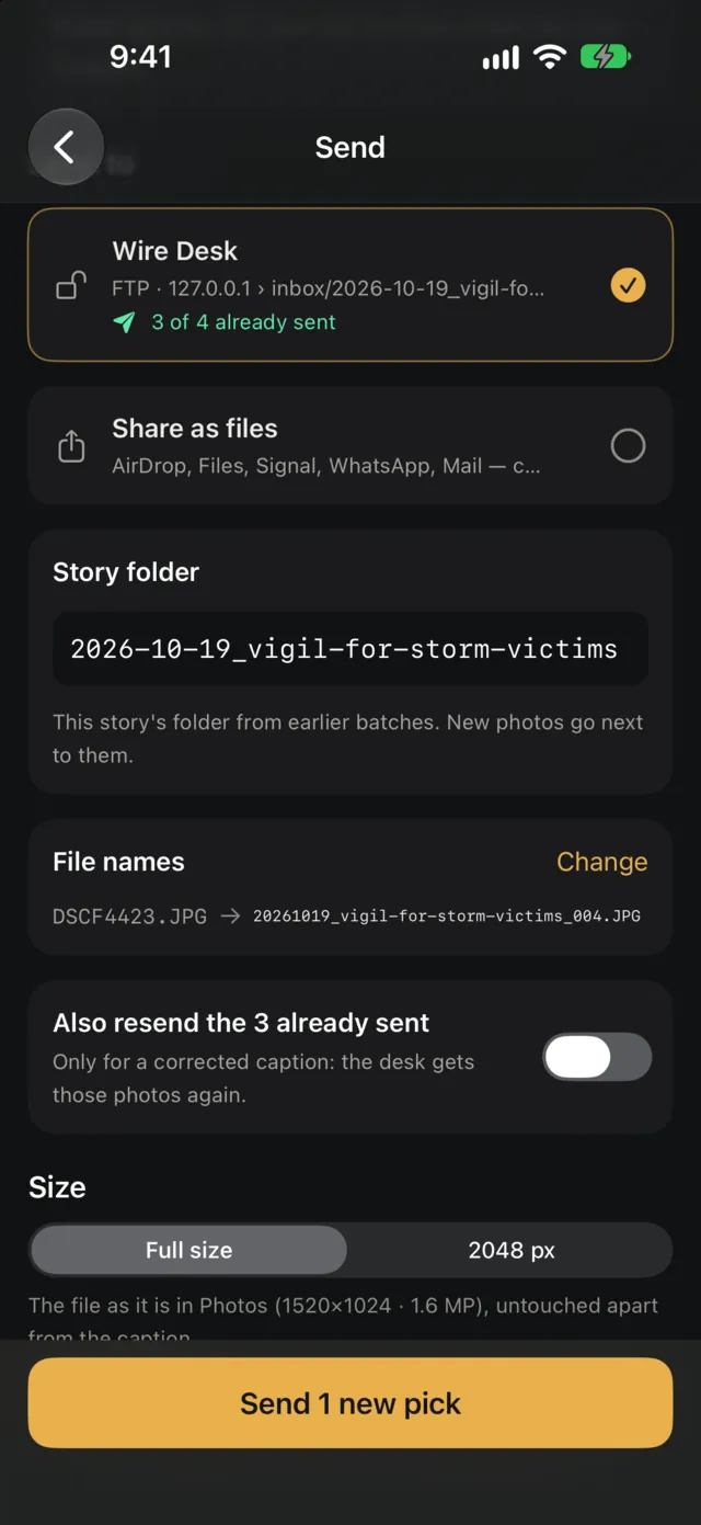 The Send screen: the Wire Desk server with 3 of 4 already sent, the story folder from earlier batches, the new file name, and the button Send 1 new pick.